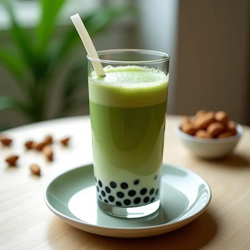 Vaso alto transparente con Bubble Tea de té verde y leche de almendras, capas visibles de líquido esmeralda y blanco, perlas de tapioca negras en el fondo, semillas de chía espolvoreadas y hielo. Bebida vegana sin azúcar con pajita ancha, sobre fondo de madera clara.