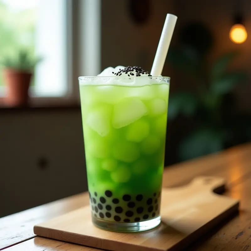 Vaso alto transparente con bubble tea de té verde, bolitas de chía gelatinosas en el fondo, hielo picado y semillas de sésamo negro espolvoreadas. Bebida taiwanesa detox y energética con pajita ancha.