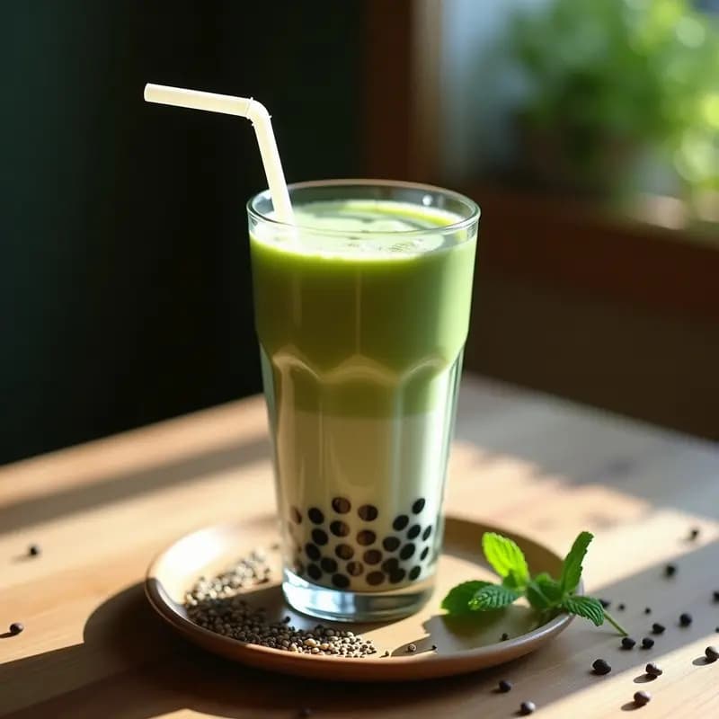 Vaso alto transparente con Bubble Tea de té verde y leche de avena, perlas de chía negruzcas en el fondo, pajita ancha y decoración con semillas de sésamo y hojas de menta. Bebida taiwanesa saludable y refrescante.