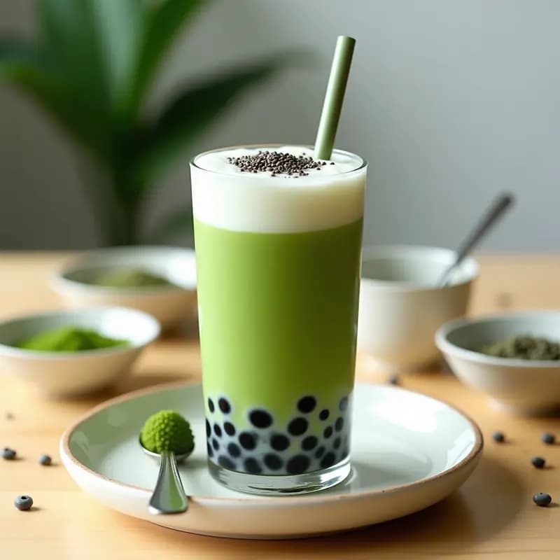 Vaso alto transparente con bubble tea de té verde y perlas de tapioca negras en el fondo, líquido verde claro con espuma superficial, pajita ancha negra, hielo visible y rodaja de limón decorando el borde. Receta taiwanesa sin azúcar con estevia.