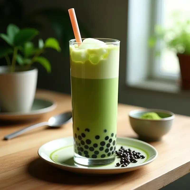 Vaso alto transparente con Bubble Tea de té verde y leche de soja, lleno de hielo triturado, bolas de chía oscuras y un tono verde suave, decorado con una pajita ancha y rodaja de limón verde al borde.