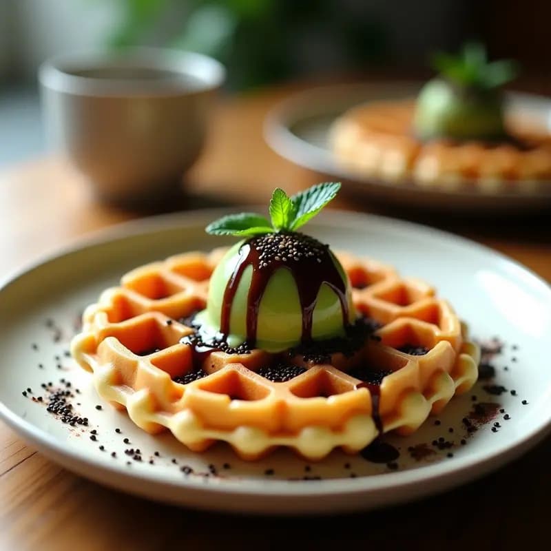 Bubble waffle dorado y crujiente con forma de burbujas, servido en plato blanco con bola de helado de té verde matcha en el centro, bañado con salsa de café brillante y decorado con semillas de sésamo negro y hojas de menta. Receta de desayuno hongkonés viral.