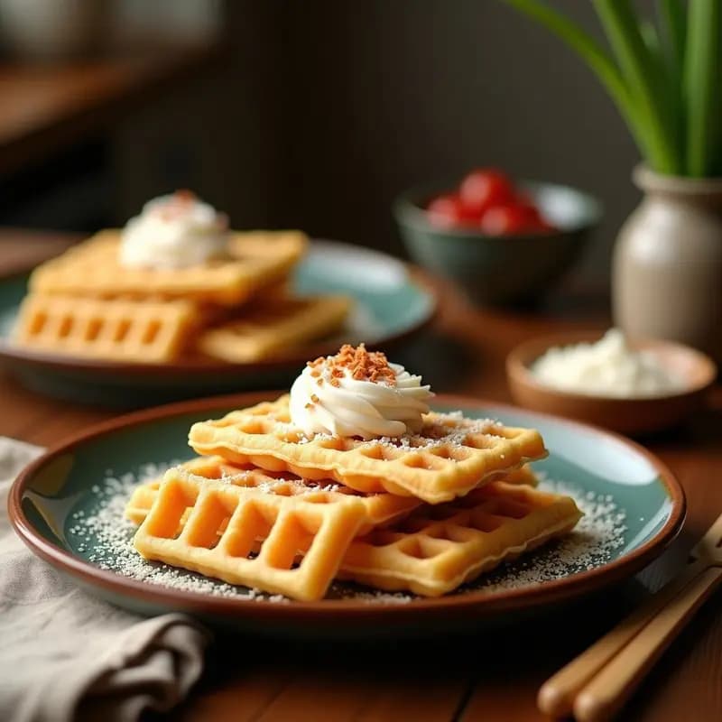 Bubble waffles dorados y crujientes de harina de arroz y coco, servidos en un plato blanco con rodajas de mango fresco y un chorrito de miel, receta de desayuno chino sin gluten.
