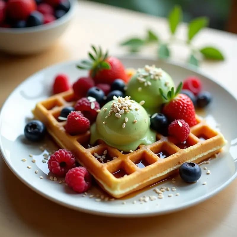 Plato con Bubble Waffles dorados y esponjosos en forma de burbujas, coronados con una bola de helado de matcha verde intenso, coulis de frutos rojos y decoración de semillas de chía y coco rallado. Desayuno japonés viral, colorido y saludable.