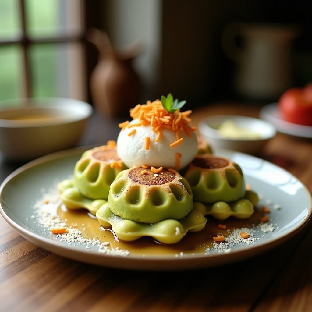 Bubble waffles dorados con forma de burbujas, de color verde claro por el matcha, decorados con coco rallado sin azúcar, sobre un plato blanco con fondo de madera rústica. Receta de desayuno japonés sin harina.