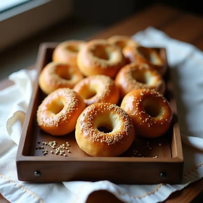 Bublik polaco dorado y esponjoso con semillas de amapola y miel, servido en una bandeja de madera rústica con fondo de paño de lino blanco, receta tradicional sin lactosa.