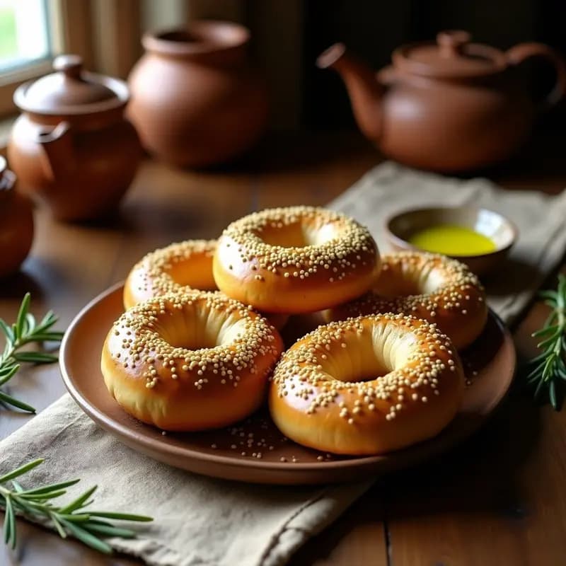 Bublik ucraniano vegano en forma de anillo dorado, cubierto de semillas de girasol, lino, amapola y sésamo, con un brillo dorado por el glaseado de leche vegetal y ajo picado en la superficie. Pan tradicional alto en fibra sobre una tabla de madera rústica.