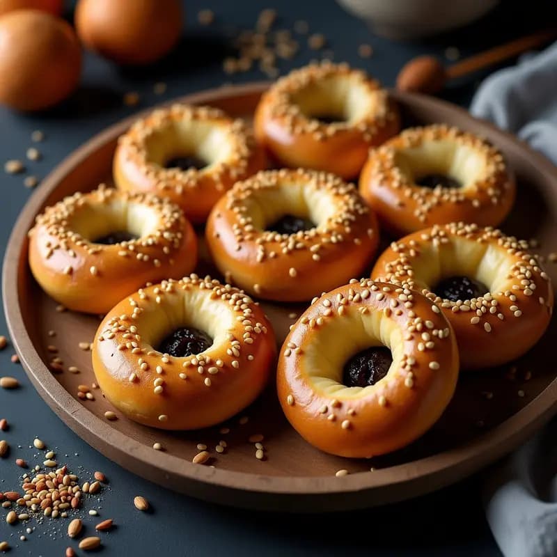 Bublik Polaco de Semillas con Relleno de Amapola: anillos dorados y esponjosos de pan sin harina, rellenos de una pasta oscura y cremosa de semillas de amapola, decorados con semillas de sésamo y girasol. Presentados en una bandeja de madera rústica con un telón de fondo oscuro.