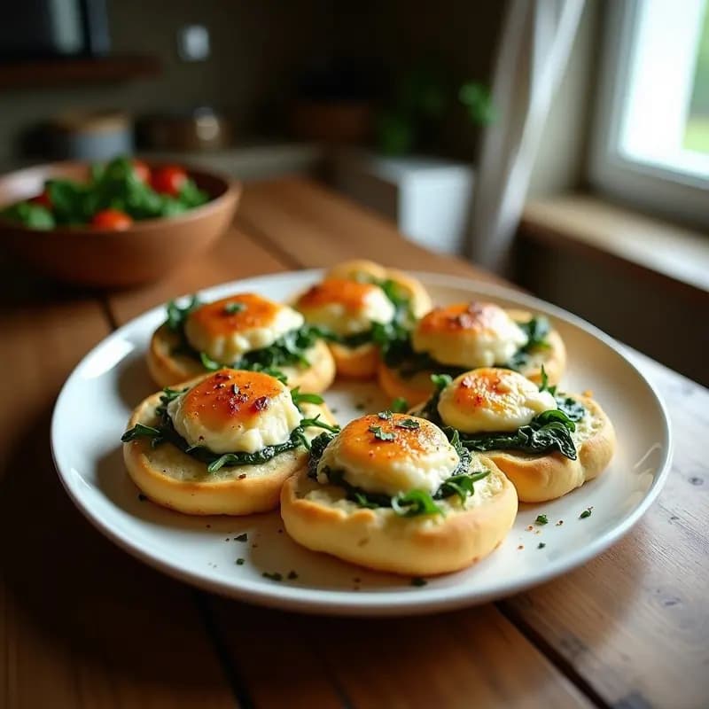 Bandeja de horno con bublinás doradas y esponjosas, rellenas de espinacas y queso feta, espolvoreadas con semillas de sésamo. Receta de panecillo ucraniano salado con toque mediterráneo.