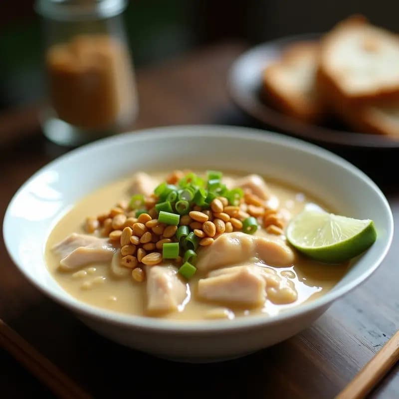 Cuenco hondo de cerámica blanca con bubur ayam indonesio: gachas de arroz cremosas con trozos de pollo, decorado con cacahuetes tostados, cebollino fresco y rodajas de limón, sobre un fondo de madera oscura.