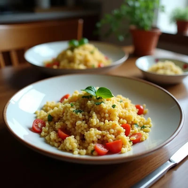Ensalada Bübür turca en bol de cerámica blanca: trigo bulgur dorado mezclado con hierbas frescas (menta, perejil, cilantro), semillas de granada rojas brillantes, cebolla morada caramelizada y pistachos tostados. Decorada con gajos de limón y hojas de menta.