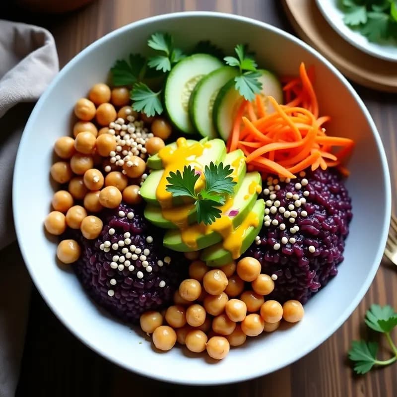 Buddha Bowl colorido con arroz morado como base, garbanzos dorados y crujientes, aguacate en cubos, zanahoria y pepino en juliana, cebolla morada y cilantro fresco. Todo bañado en un aderezo amarillo de mango, con semillas de girasol y sésamo espolvoreadas. Receta peruana vegana y saludable.