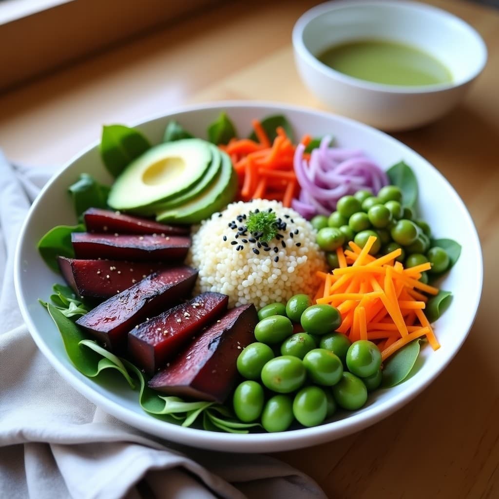 Buddha Bowl vegano fusión Japón-Perú con batata morada asada en cubos dorados, edamame verde brillante, láminas de aguacate cremoso, zanahoria morada rallada y cebolla morada en juliana sobre una base de canónigos. Decorado con semillas de sésamo negro, girasol tostadas, tiras de alga nori y bañado en una vinagreta de wasabi de color verde pálido. Plato servido en un bowl de cerámica negra con fondo rústico.