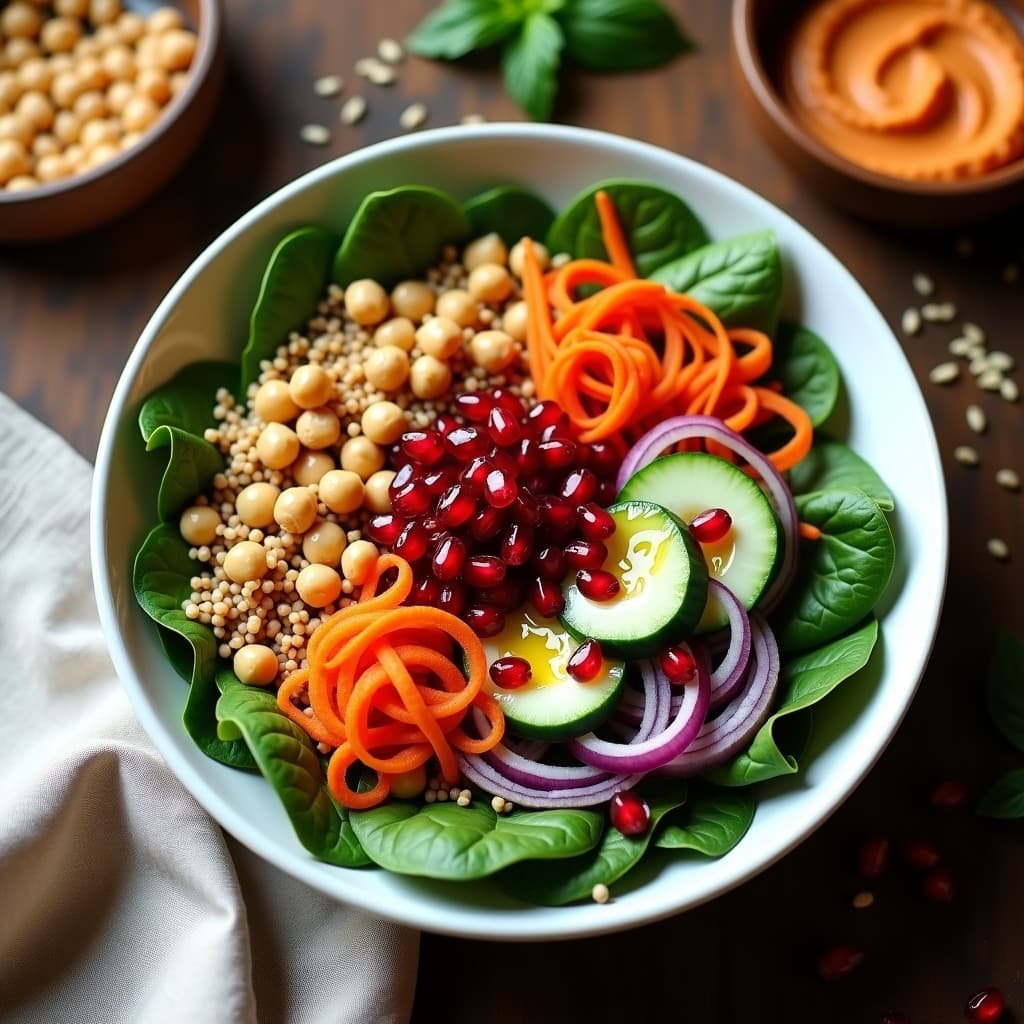 Buddha Bowl de Freekeh con Garbanzos Crujientes y Hummus de Lentejas Rojas