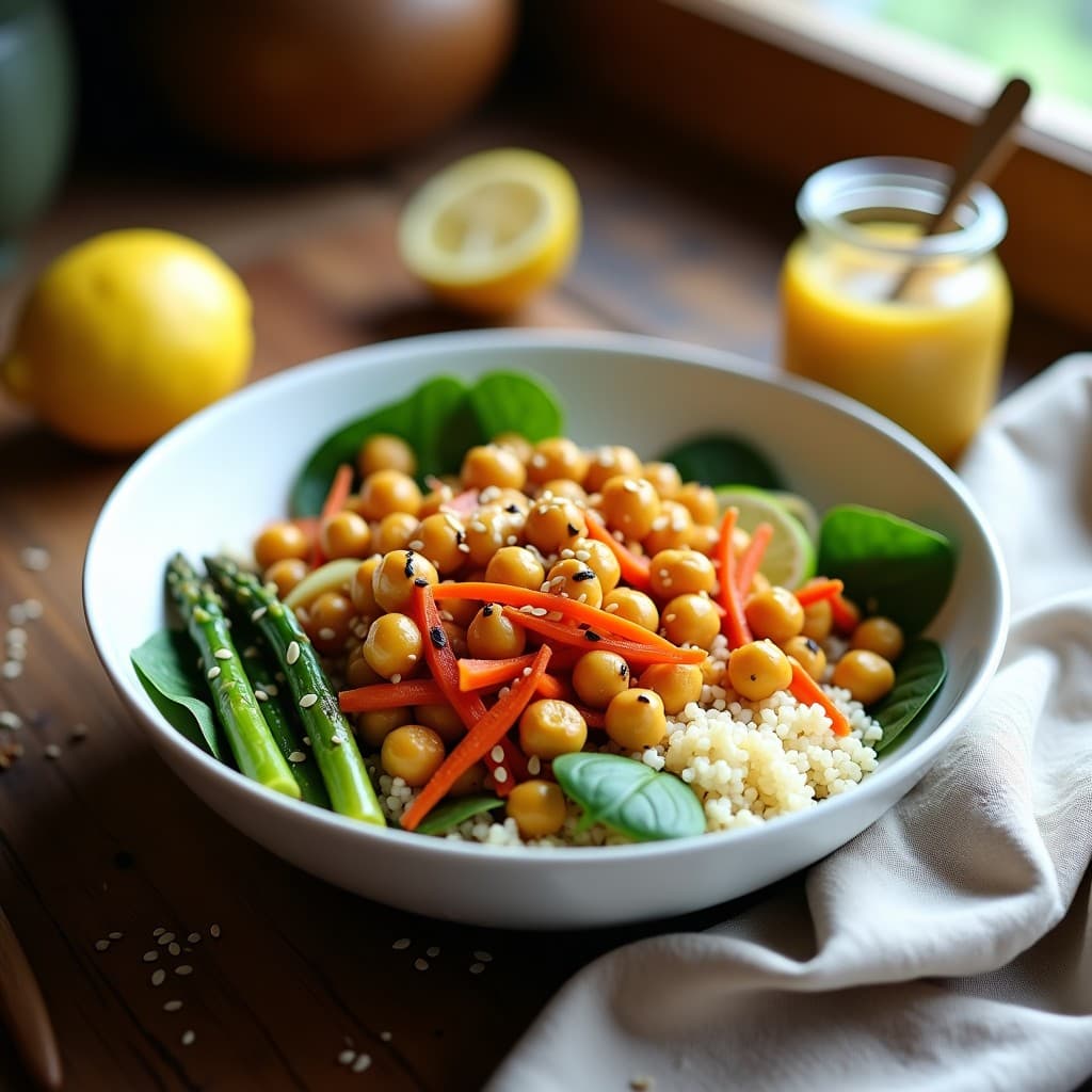 Buddha Bowl vegano y sin gluten en cuenco hondo de cerámica blanca, con base de quinoa y espinacas, garbanzos dorados y crujientes, espárragos verdes salteados, zanahoria rallada, pimiento rojo en tiras y semillas de sésamo. Acompañado de salsa cremosa de limón y mostaza en un pequeño tarro de cristal al lado.