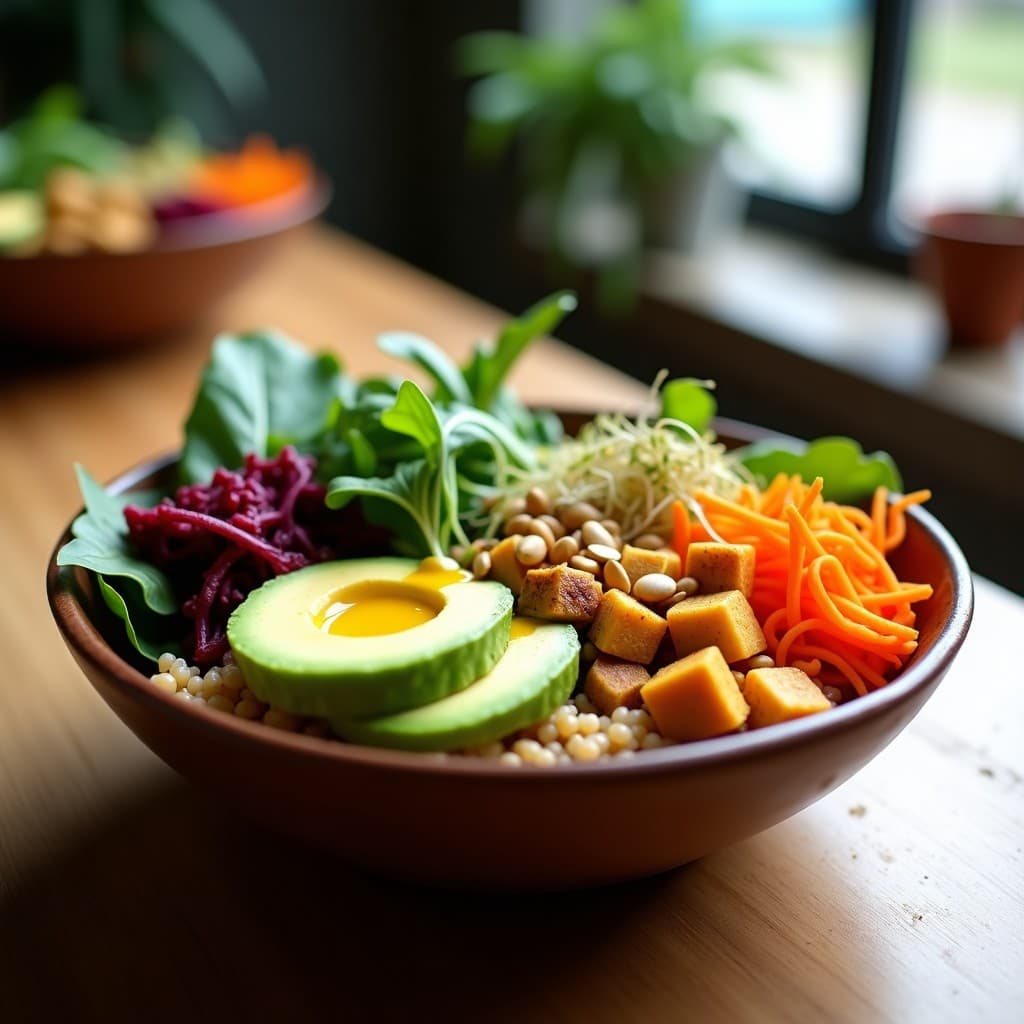 Buddha bowl colorido con base de mijo, remolacha asada dorada, rúcula fresca, aguacate en láminas y semillas de girasol, bañado en aderezo cremoso de mostaza de Dijon. Plato antiinflamatorio, vegano y sin gluten.