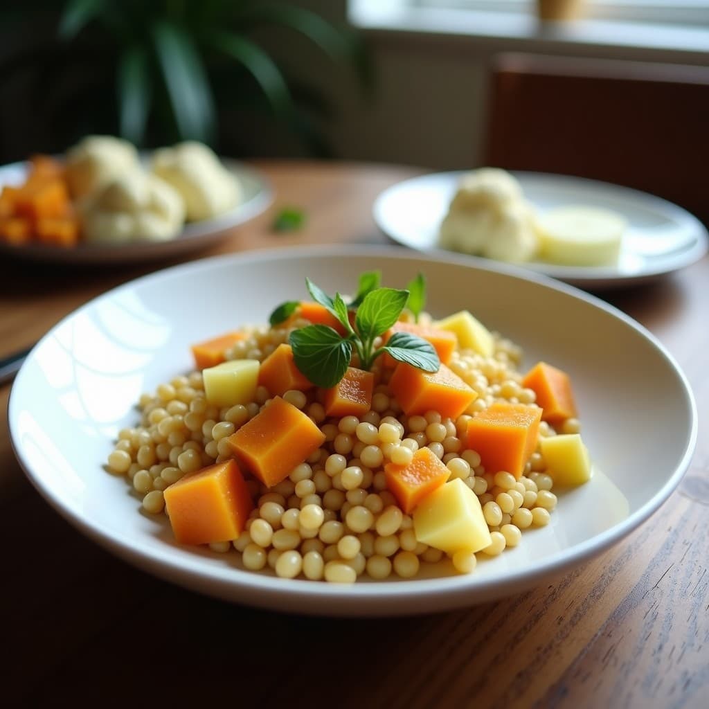 Buddha Bowl de mijo y verduras asadas con aderezo de mostaza y miel en un plato hondo de cerámica blanca, con calabaza butternut dorada, coliflor caramelizada, zanahoria morada, espinacas frescas, aguacate en cubos y semillas de girasol y sésamo negro. El aderezo cremoso de color ámbar cubre parcialmente los ingredientes, creando un contraste visual vibrante y apetitoso.