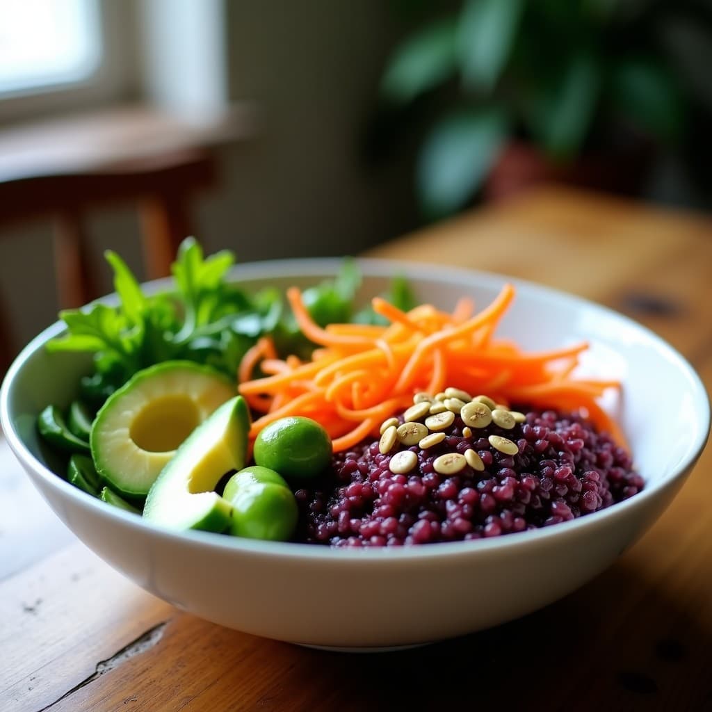 Buddha bowl colorido con quinoa morada, edamame verde, aguacate cremoso, zanahoria púrpura rallada, pepino y rúcula, coronado con semillas de girasol y aderezo de tahini, servido en un plato hondo blanco.