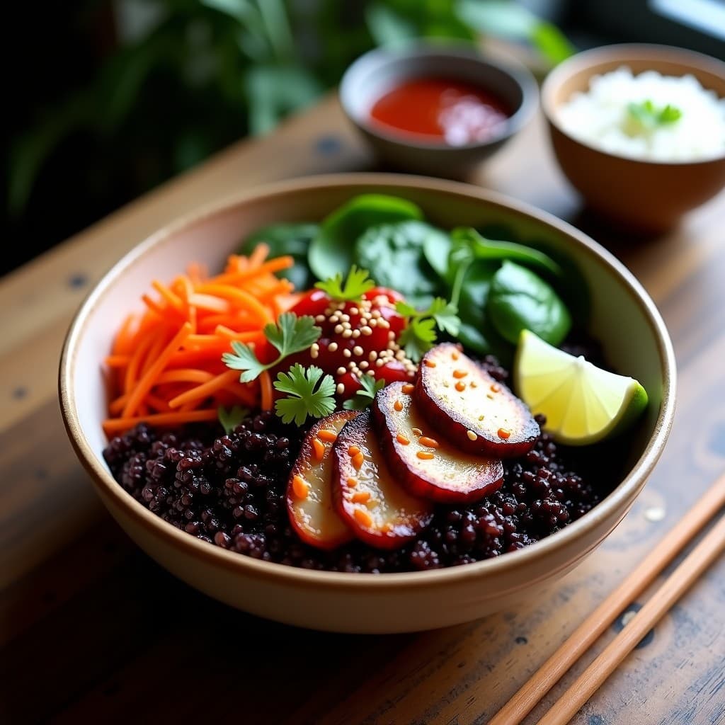 Buddha bowl colorido con quinoa negra como base, tiras de pato ahumado dorado, maíz morado, zanahoria púrpura en juliana, aguacate en cubos y brotes de soja. Bañado con salsa de ciruela brillante y decorado con semillas de sésamo y cilantro fresco. Plato fusion chino-peruano preparado en airfryer.