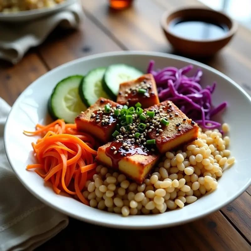 Buddha Bowl colorido con base de sorgo dorado, tempeh glaseado en salsa teriyaki, col morada salteada, zanahoria en rodajas, pepino persa, kimchi vegano y semillas de cáñamo tostadas. Decorado con sésamo negro y cebollino fresco sobre un plato de cerámica blanca.