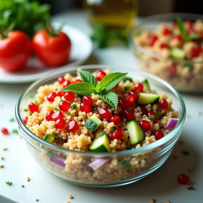 Ensalada árabe de bulgar de trigo con tomate, pepino y menta en un bol de cerámica blanca, decorada con pistachos picados y hierbas frescas, lista para llevar en tupper.