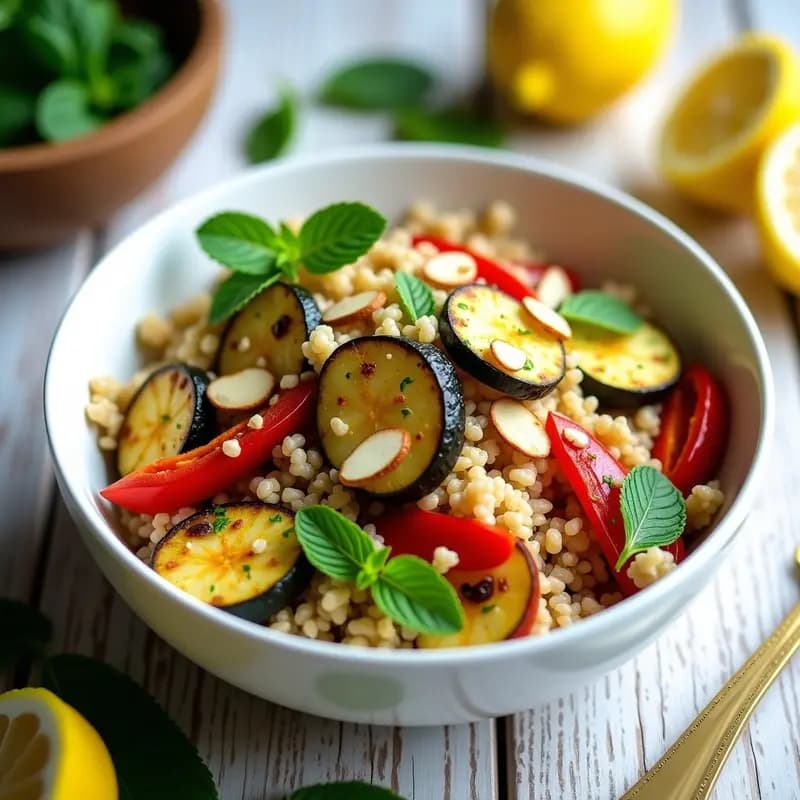 Ensalada fresca de B Bulgaros de Trigo con Verduras y Limón en un bol de barro blanco, con bulgur dorado, rodajas de calabacín, tiras de pimiento rojo, cebolla morada, aceitunas negras y almendras tostadas. Decorado con hojas de menta fresca y un chorrito de aderezo de limón sobre un fondo rústico de madera.