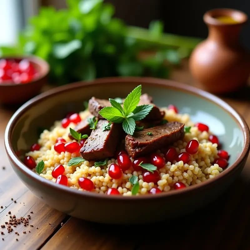 Plato tradicional armenio de bulghur con cordero y granada, servido en un bol de barro con hierbas frescas y semillas de granada rojas brillantes, receta alta en proteína y especiada.