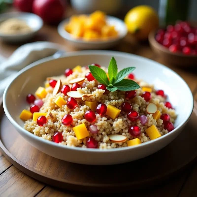 Ensalada turca de bulghur con granadas y menta fresca servida en un bol de cerámica blanca, con semillas rojas de granada, trozos de pimiento amarillo y almendras tostadas, decorada con hojas de menta verde.
