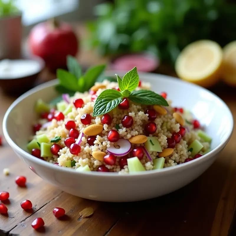 Ensalada armena fresca de bulghur con semillas de granado rojas brillantes, menta verde picada y cebolla morada en juliana, servida en un bol de cerámica blanca sobre una mesa de madera rústica.