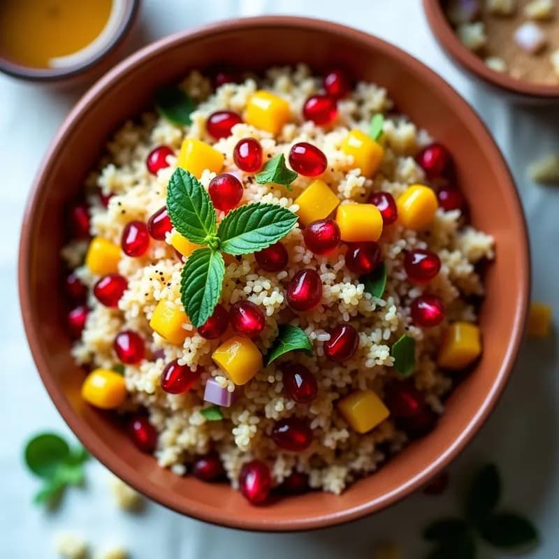 Ensalada libanesa de bulghur con granadas y menta fresca, servida en un bol de barro con semillas de granada rojas brillantes, trozos de pimiento amarillo asado y hojas de menta verde. Plato colorido y fresco, ideal para comer frío.