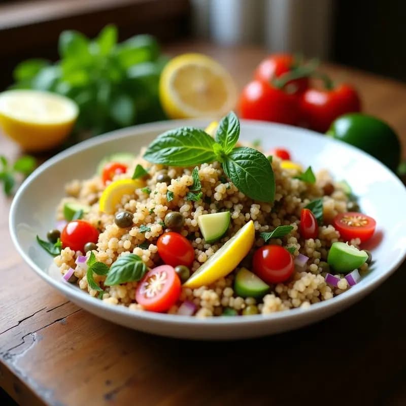 Ensalada árabe de bulghur con hierbabuena fresca, semillas de granada y rodajas de limón en un bol de cerámica blanca, servida sobre una mesa de madera rústica.