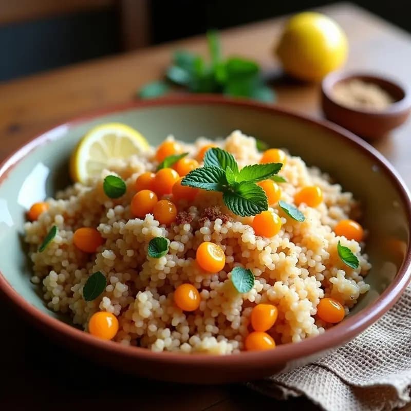 Plato hondo de cerámica blanca con bulghur pilaf esponjoso, albaricoques secos dorados y almendras fileteadas tostadas, decorado con hojas de menta fresca. Receta turca vegana y sin gluten.