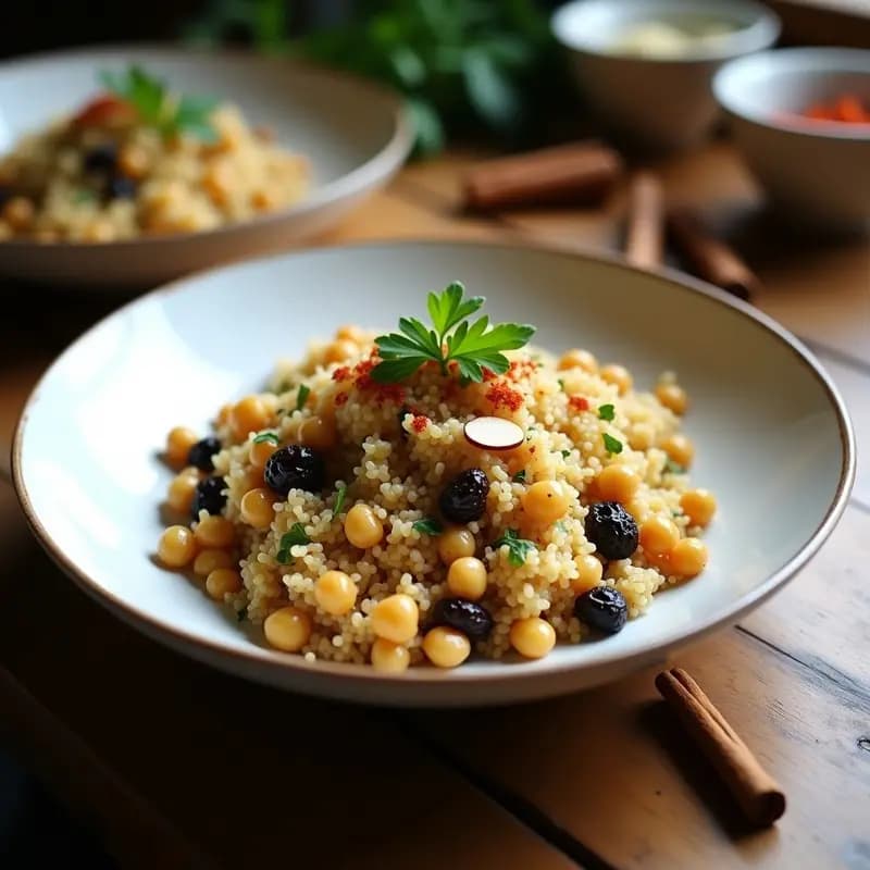 Plato hondo de cerámica blanca con Bulghur Pilaf con Garbanzos y Pasas, decorado con almendras tostadas, perejil fresco y un toque de especias. Receta turca vegana de Oriente Medio con textura esponjosa y colores vibrantes.