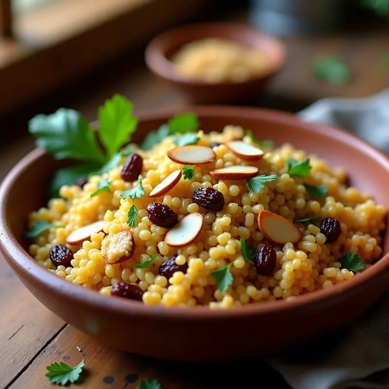 Plato hondo de barro con bulghur pilaf dorado, pasas sultanas jugosas y almendras fileteadas tostadas, decorado con perejil fresco. Acompañamiento turco rápido y nutritivo.