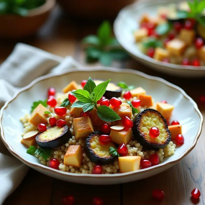 Ensalada turca vegana de bulghur con verduras coloridas, semillas de granada rojas brillantes y hierbas frescas, servida en un bol de cerámica blanca sobre fondo rústico de madera.