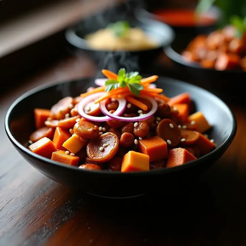 Plato hondo de cerámica negra con bulgogi coreano de champiñones shiitake dorados y tofu, bañados en salsa picante brillante, acompañado de cebolla morada y zanahoria salteada, espolvoreado con semillas de sésamo, sobre fondo de madera oscura.