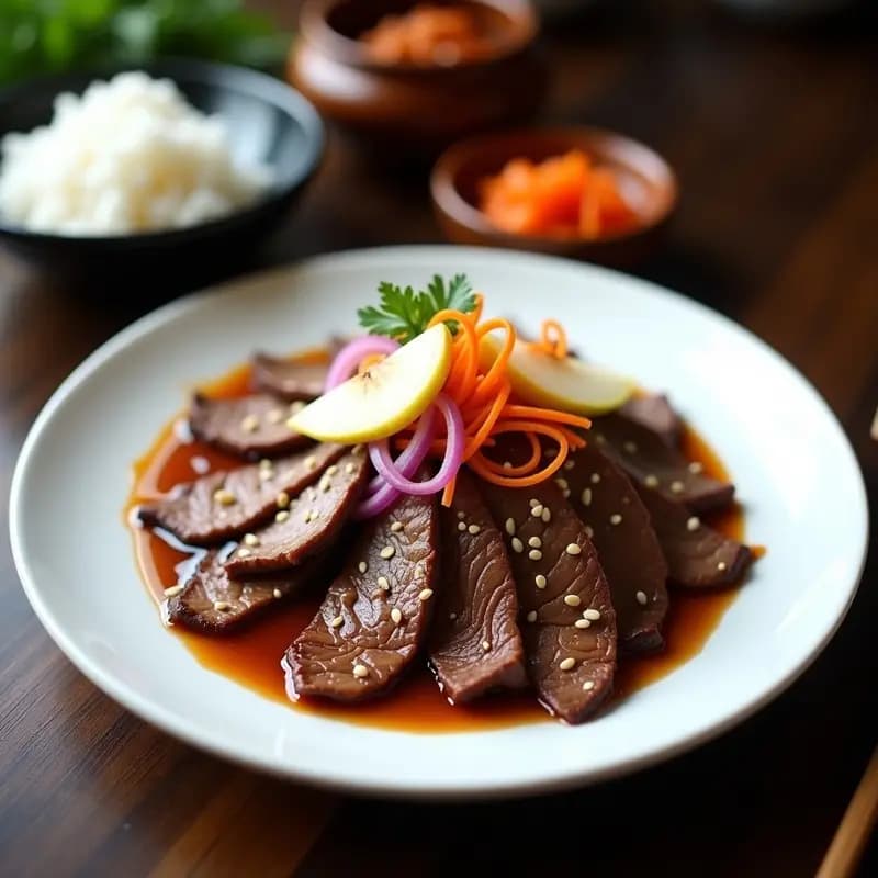 Plato hondo de cerámica blanca con Bulgoogi Coreano de Res: láminas de carne dorada y caramelizada, cebolla morada y zanahoria salteadas, bañadas en una salsa oscura y brillante. Espolvoreado con semillas de sésamo y acompañado de palillos de madera.
