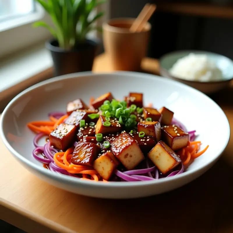 Plato hondo de cerámica blanca con bulgogi coreano de tofu vegano, láminas doradas de tofu glaseadas con salsa oscura, acompañadas de juliana de cebolla morada y zanahoria, espolvoreadas con semillas de sésamo y cebollino. Fondo con arroz blanco y palillos coreanos.