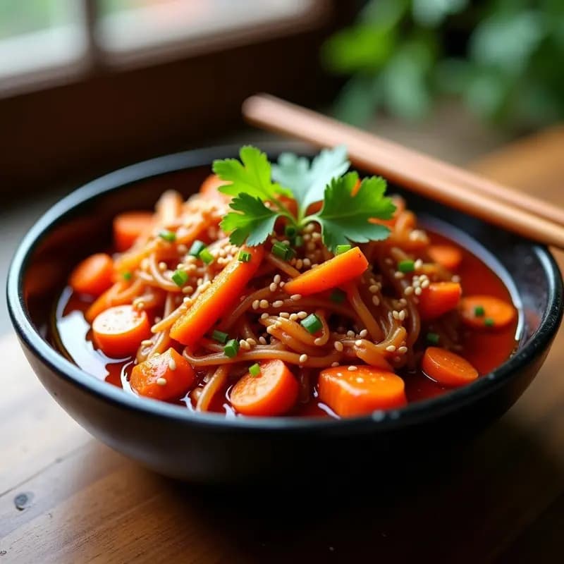 Estofado coreano vegano de bulgogi de jackfruit y zanahoria con salsa gochujang, servido en un bol hondo de cerámica negra sobre fondo de madera. El jackfruit desmenuzado brilla con la salsa picante y dulce, acompañado de bastones de zanahoria dorados, semillas de sésamo y hojas de cilantro fresco. La textura es jugosa y el color vibrante, con tonos rojos, naranjas y verdes.