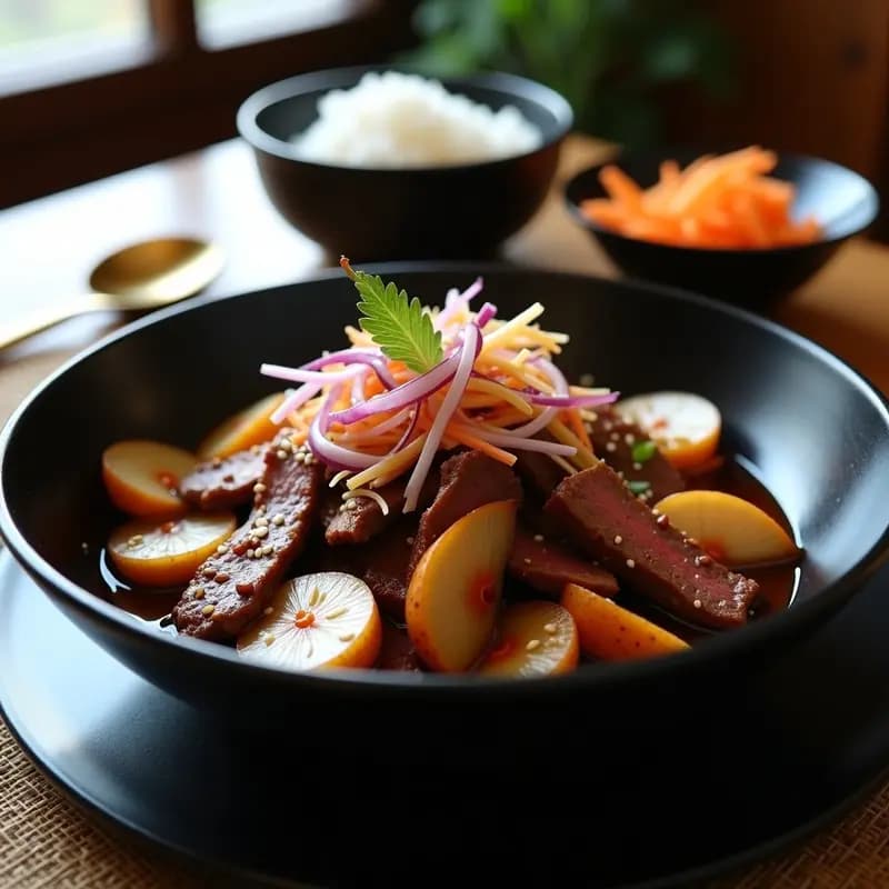 Plato hondo de cerámica negra con bulgoogi coreano de res con peras, carne en láminas doradas, gajos de pera caramelizados, cebolla morada, zanahoria y pimiento rojo salteados, espolvoreado con semillas de sésamo y acompañado de palillos coreanos.