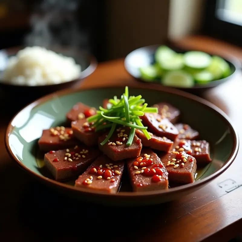 Bulgogi coreano de ternera picante y dulce en airfryer sin aceite, servido en un plato blanco con semillas de sésamo, perejil fresco y rodajas de chile rojo, acompañado de arroz integral y ensalada de repollo morado.