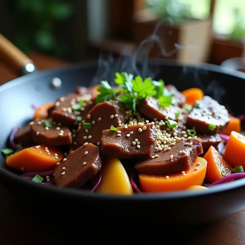 Plato de bulgogi de ternera con pera asiática en sartén antiadherente, carne jugosa en láminas doradas, trozos de pera nashi caramelizada, cebolla morada y zanahoria salteadas, espolvoreado con semillas de sésamo blanco y negro.