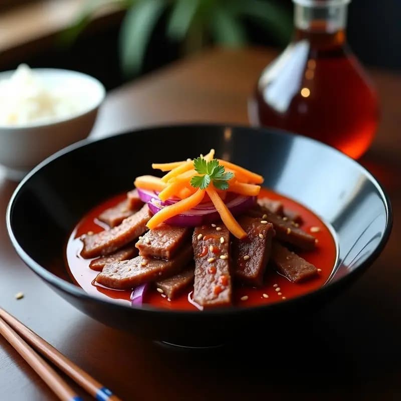 Plato hondo de cerámica negra con bulgogi de ternera en láminas doradas, bañadas en salsa gochujang brillante, acompañado de cebolla morada y zanahoria en juliana salteadas. Semillas de sésamo espolvoreadas por encima y un fondo de arroz blanco al vapor. Receta coreana alta en proteína.