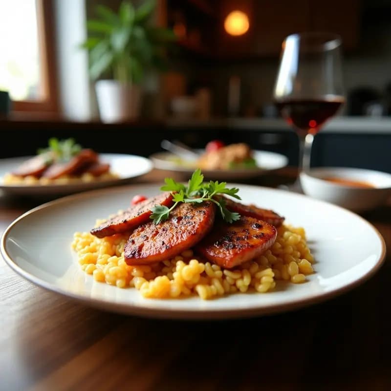Plato coreano de bulgogi de ternera en láminas finas, doradas y jugosas, bañadas en una salsa cremosa de sésamo, servidas sobre arroz jasmine blanco. Acompañado de cebolla morada, zanahoria y pimiento rojo en juliana, todo espolvoreado con semillas de sésamo blancas y negro.