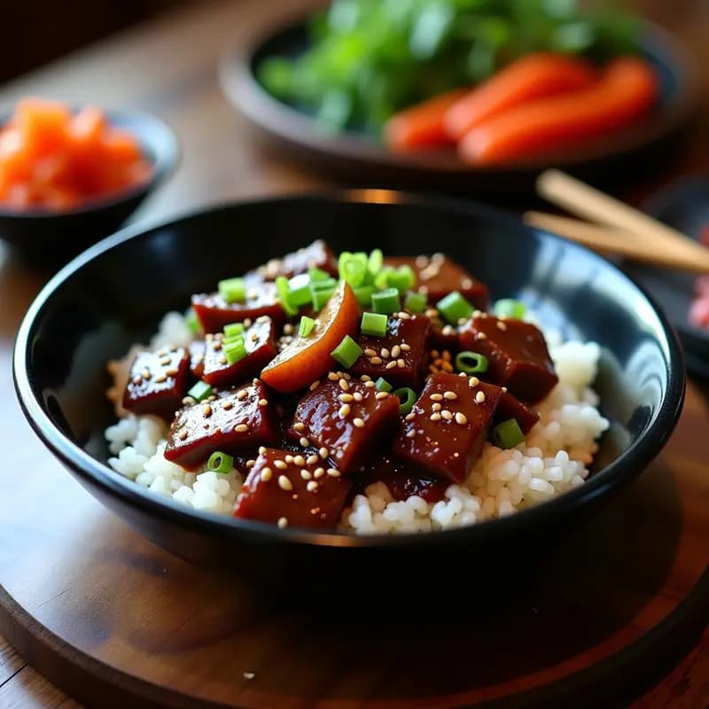 Plato hondo de cerámica negra con Bulgoogi Coreano de Ternera con Sésamo y Peras en olla de cocción lenta, mostrando láminas de ternera glaseadas en salsa oscura, trozos de pera Nashi, zanahoria, pimiento rojo y semillas de sésamo negro y blanco espolvoreadas. Acompañado de arroz blanco y cilantro fresco, con un fondo de madera rústica.