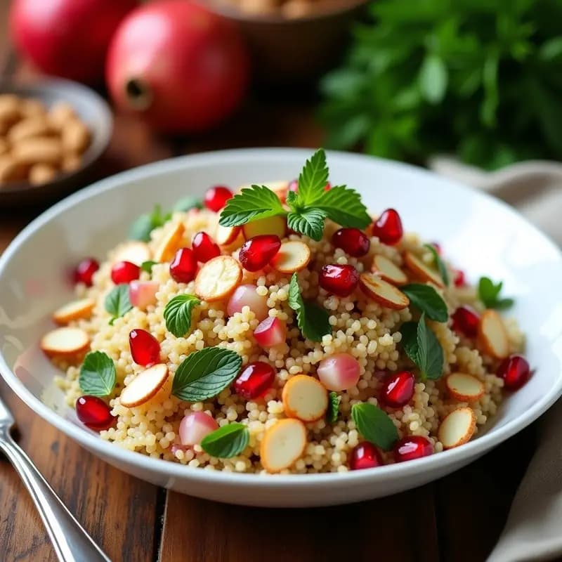Ensalada turca en bol de cerámica blanca con bulgur esponjoso, semillas de granada rojas brillantes, almendras doradas tostadas, pepino y cebolla morada picados, decorada con hojas de menta fresca y un hilo de aceite de oliva.