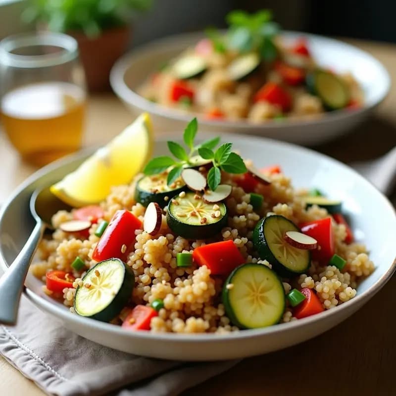 Plato colorido de bulgur salteado con verduras asadas (calabacín, berenjena y pimiento rojo) y hierbas frescas, decorado con semillas de sésamo y almendras fileteadas, servido con una rodaja de limón al lado. Receta libanesa vegana y sin gluten.