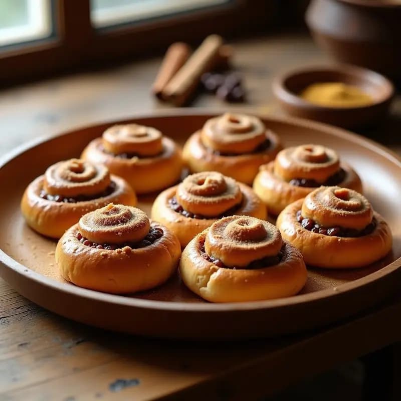 Bullar de canela sueco sin gluten y vegano recién horneados, dorados y esponjosos, con capas visibles de relleno de canela y pasas, servidos en una bandeja de madera rústica con cardamomo y canela en polvo alrededor.