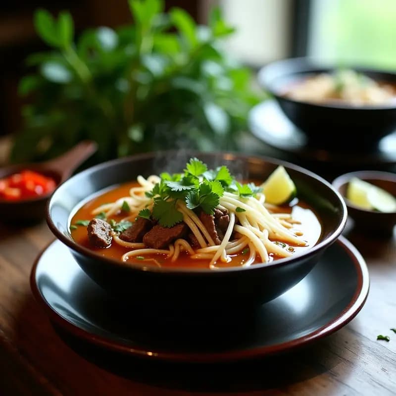 Cuenco hondo de cerámica oscura con Bun Bo Hue tradicional: fideos de arroz gruesos cubiertos de caldo dorado y especiado, carne de res desmenuzada, brotes de soja, hojas de menta y cilantro fresco, decorado con rodajas de lima y chiles rojos al lado.