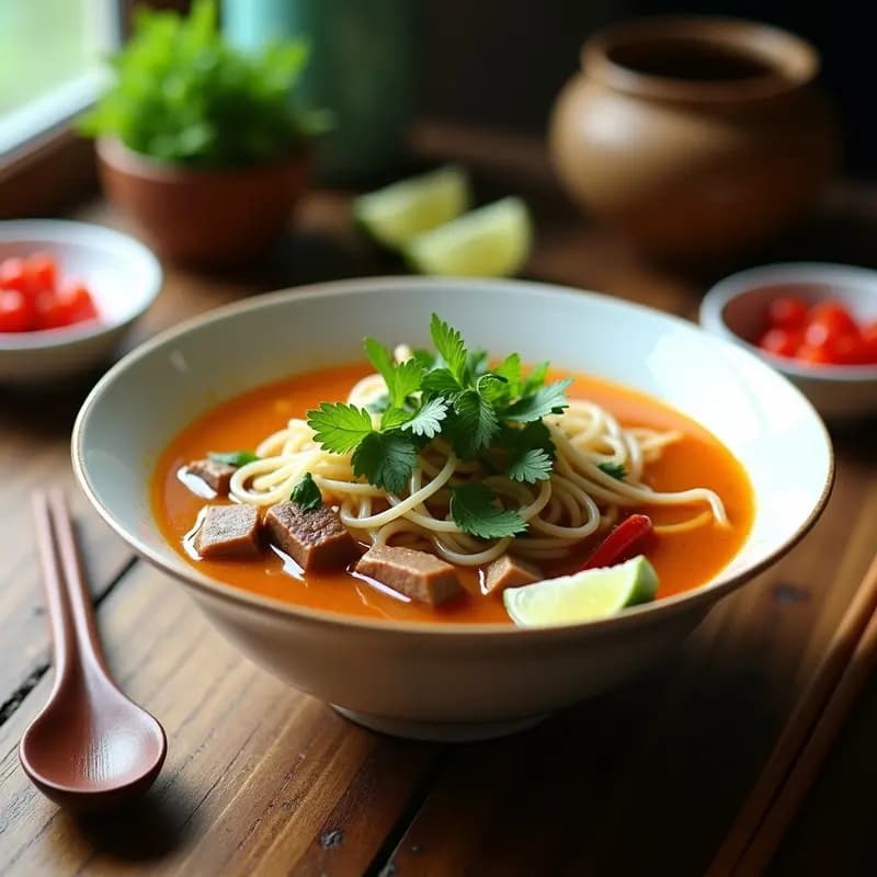 Cuenco hondo de cerámica blanca con sopa Bun Bo Hue vietnamita: caldo dorado aromatizado con lemongrass, fideos de arroz gruesos, trozos de ternera y costillas, decorado con hierbas frescas de menta y cilantro, brotes de soja y gajos de limón al lado.
